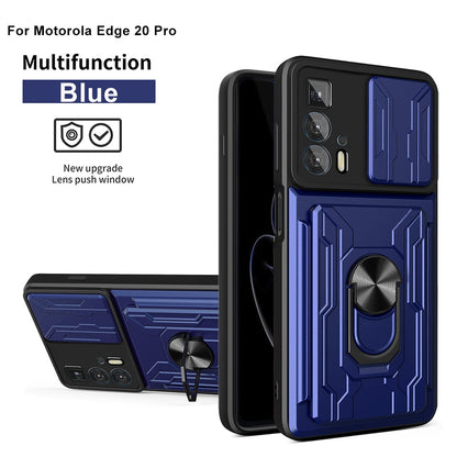 PC + TPU Case for Motorola Edge 20 Pro, Card Holder Ring Kickstand Shockproof Phone Cover with Slide Camera Protection