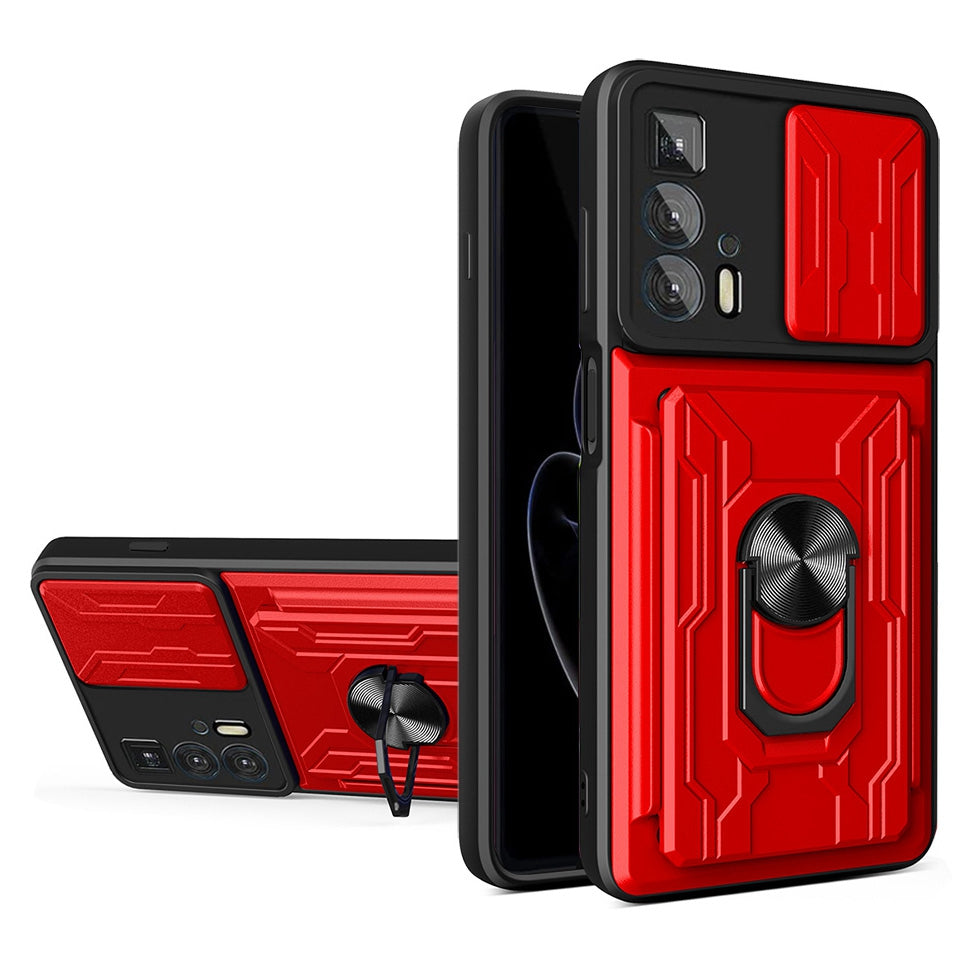 PC + TPU Case for Motorola Edge 20 Pro, Card Holder Ring Kickstand Shockproof Phone Cover with Slide Camera Protection