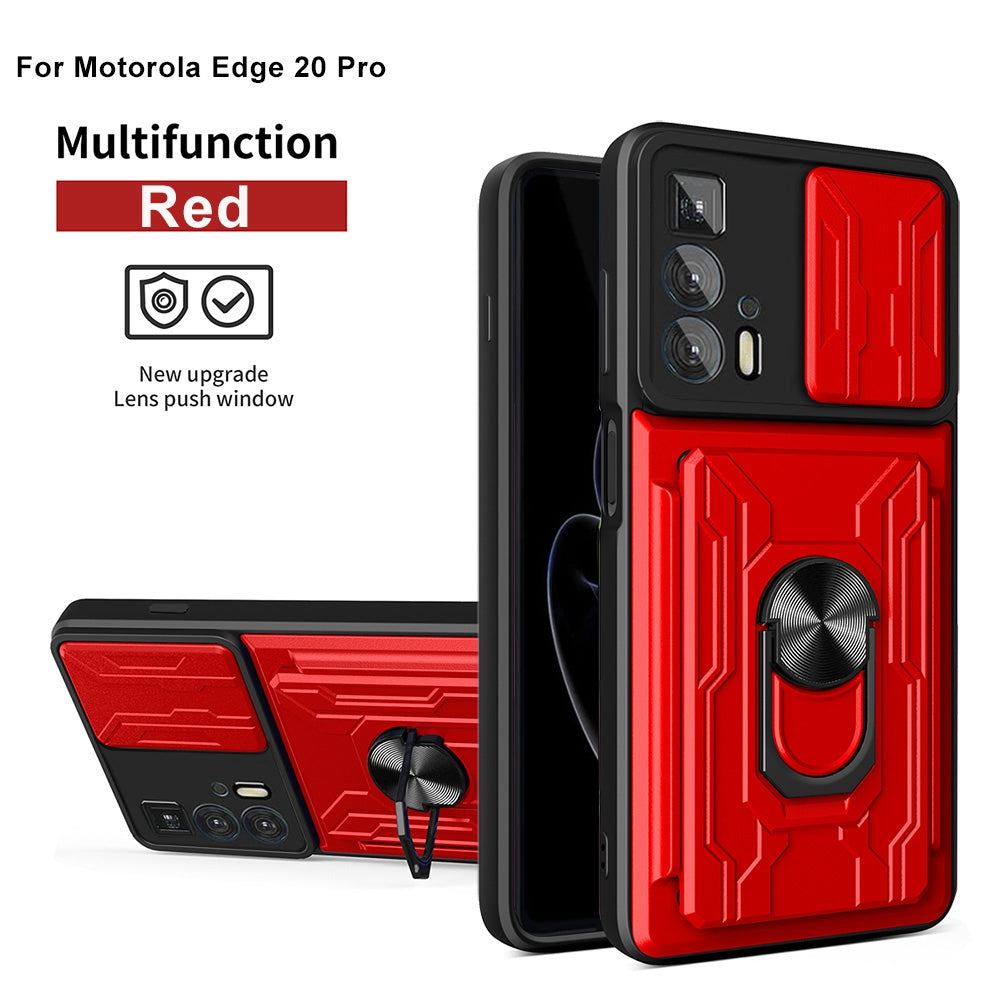 PC + TPU Case for Motorola Edge 20 Pro, Card Holder Ring Kickstand Shockproof Phone Cover with Slide Camera Protection