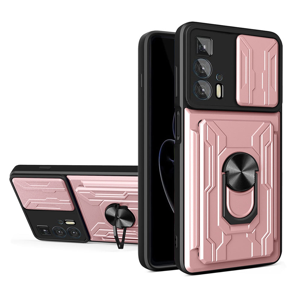 PC + TPU Case for Motorola Edge 20 Pro, Card Holder Ring Kickstand Shockproof Phone Cover with Slide Camera Protection