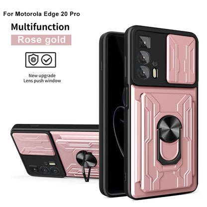 PC + TPU Case for Motorola Edge 20 Pro, Card Holder Ring Kickstand Shockproof Phone Cover with Slide Camera Protection