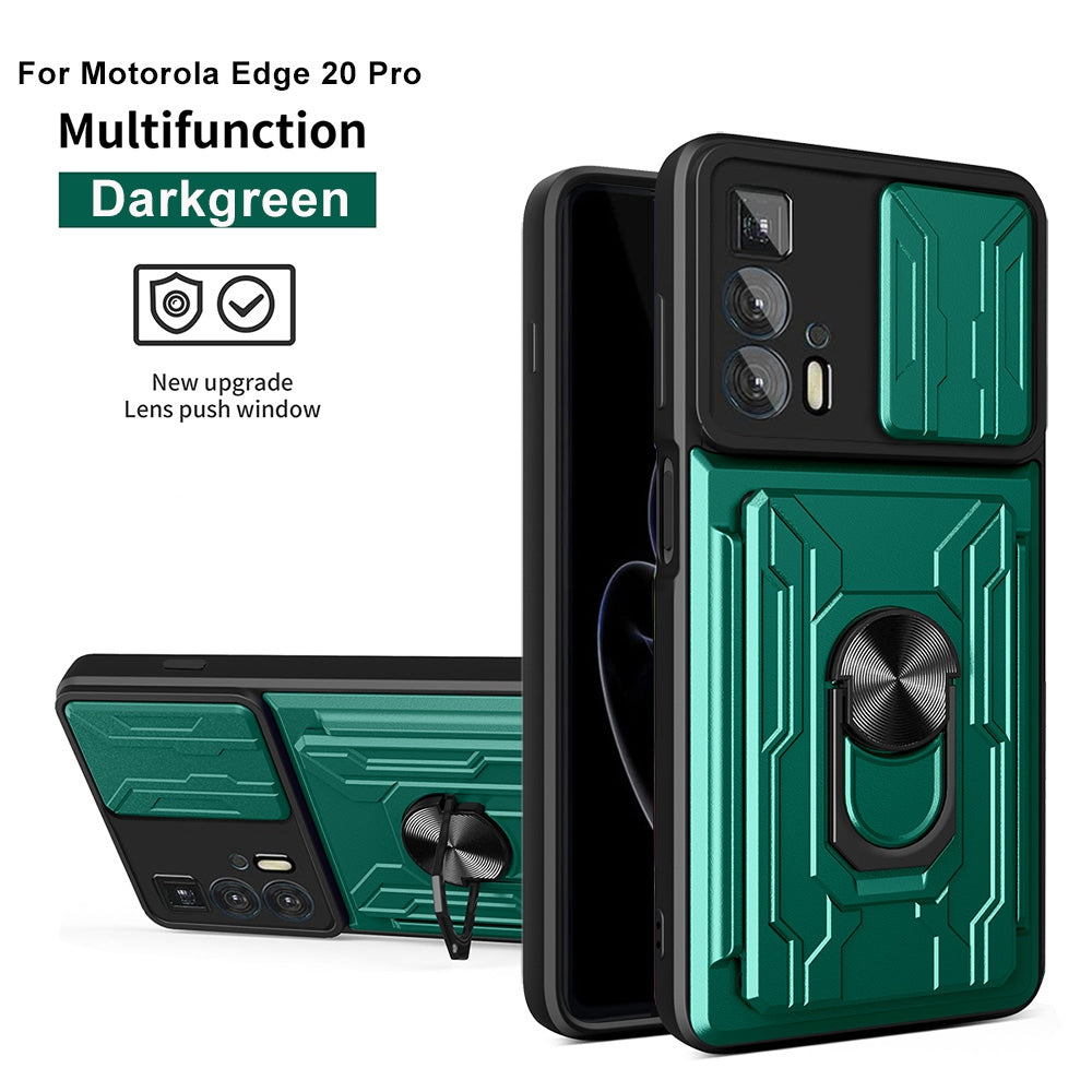 PC + TPU Case for Motorola Edge 20 Pro, Card Holder Ring Kickstand Shockproof Phone Cover with Slide Camera Protection