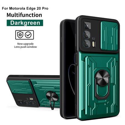 PC + TPU Case for Motorola Edge 20 Pro, Card Holder Ring Kickstand Shockproof Phone Cover with Slide Camera Protection