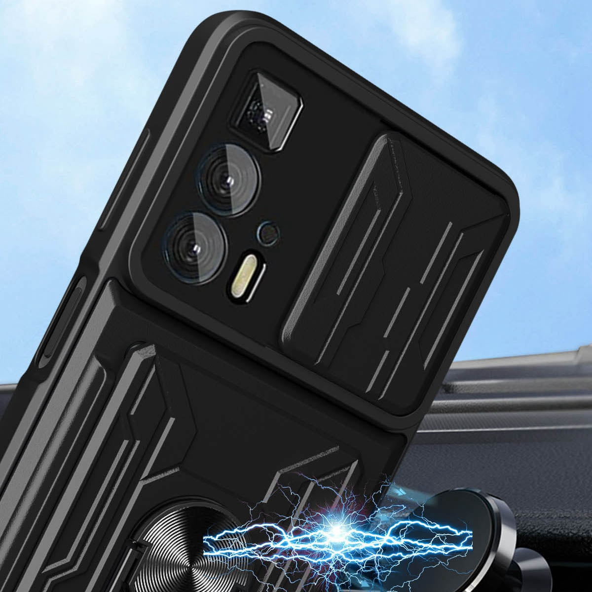 PC + TPU Case for Motorola Edge 20 Pro, Card Holder Ring Kickstand Shockproof Phone Cover with Slide Camera Protection