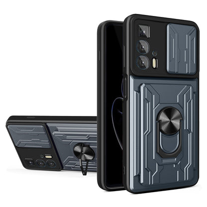 PC + TPU Case for Motorola Edge 20 Pro, Card Holder Ring Kickstand Shockproof Phone Cover with Slide Camera Protection