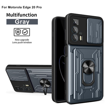 PC + TPU Case for Motorola Edge 20 Pro, Card Holder Ring Kickstand Shockproof Phone Cover with Slide Camera Protection