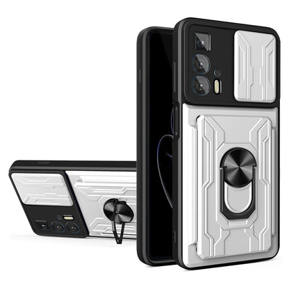 PC + TPU Case for Motorola Edge 20 Pro, Card Holder Ring Kickstand Shockproof Phone Cover with Slide Camera Protection