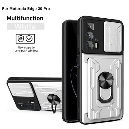 PC + TPU Case for Motorola Edge 20 Pro, Card Holder Ring Kickstand Shockproof Phone Cover with Slide Camera Protection