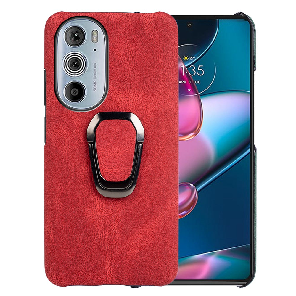 For Motorola Edge 30 Pro (Motorola Edge+ (2022)) Ring Holder Kickstand PU Leather Coated PC Cover Scratch-resistant Phone Case