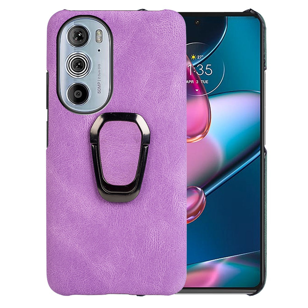 For Motorola Edge 30 Pro (Motorola Edge+ (2022)) Ring Holder Kickstand PU Leather Coated PC Cover Scratch-resistant Phone Case