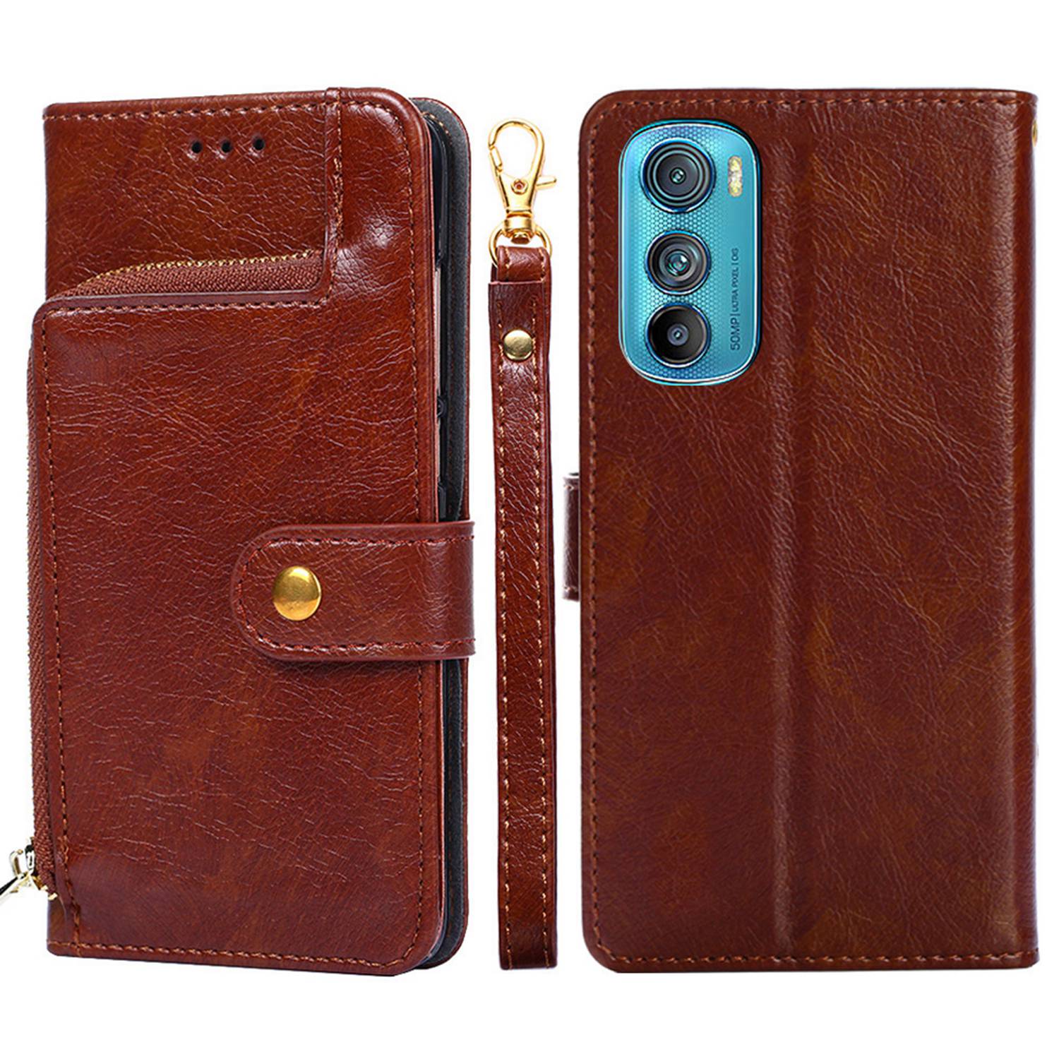 For Motorola Edge 30 Zipper Pocket Phone Case PU Leather Wallet Stand Drop-proof Cover with Strap