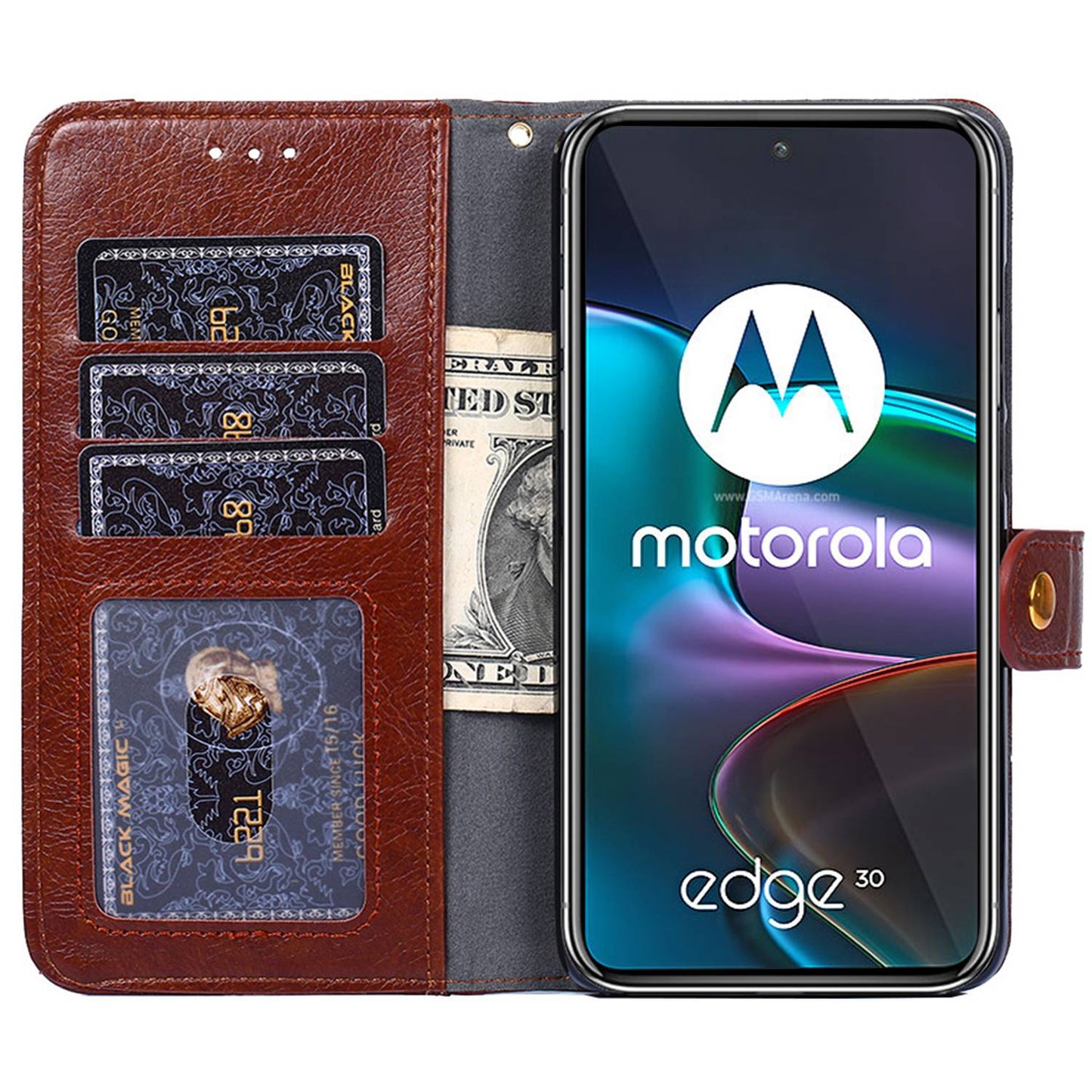 For Motorola Edge 30 Zipper Pocket Phone Case PU Leather Wallet Stand Drop-proof Cover with Strap