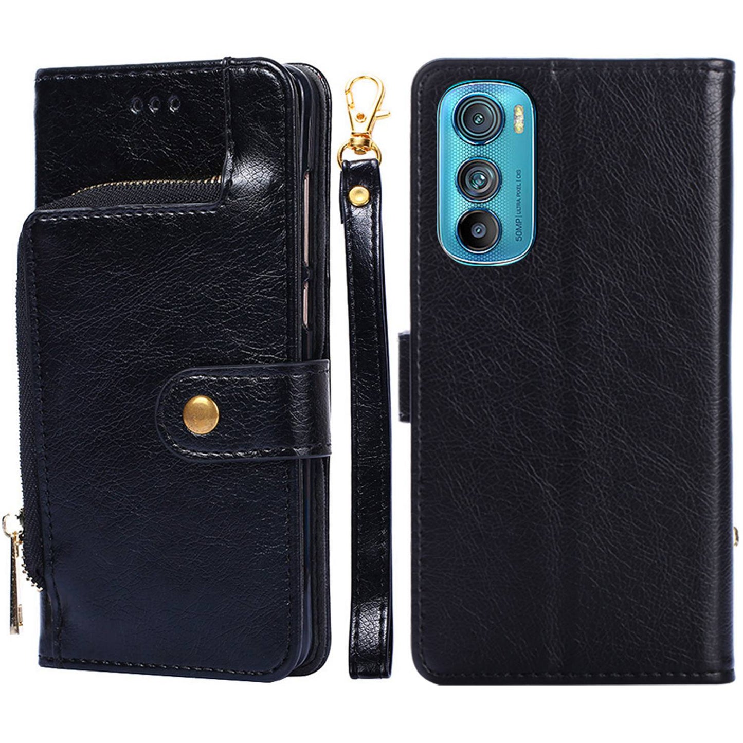 For Motorola Edge 30 Zipper Pocket Phone Case PU Leather Wallet Stand Drop-proof Cover with Strap