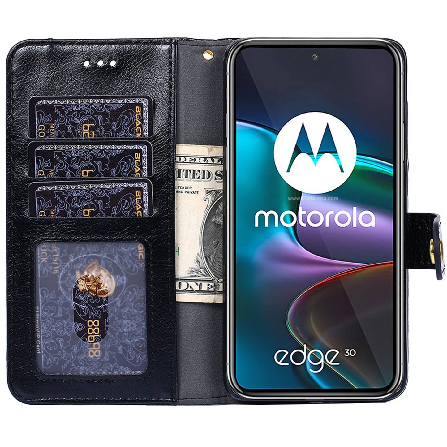 For Motorola Edge 30 Zipper Pocket Phone Case PU Leather Wallet Stand Drop-proof Cover with Strap