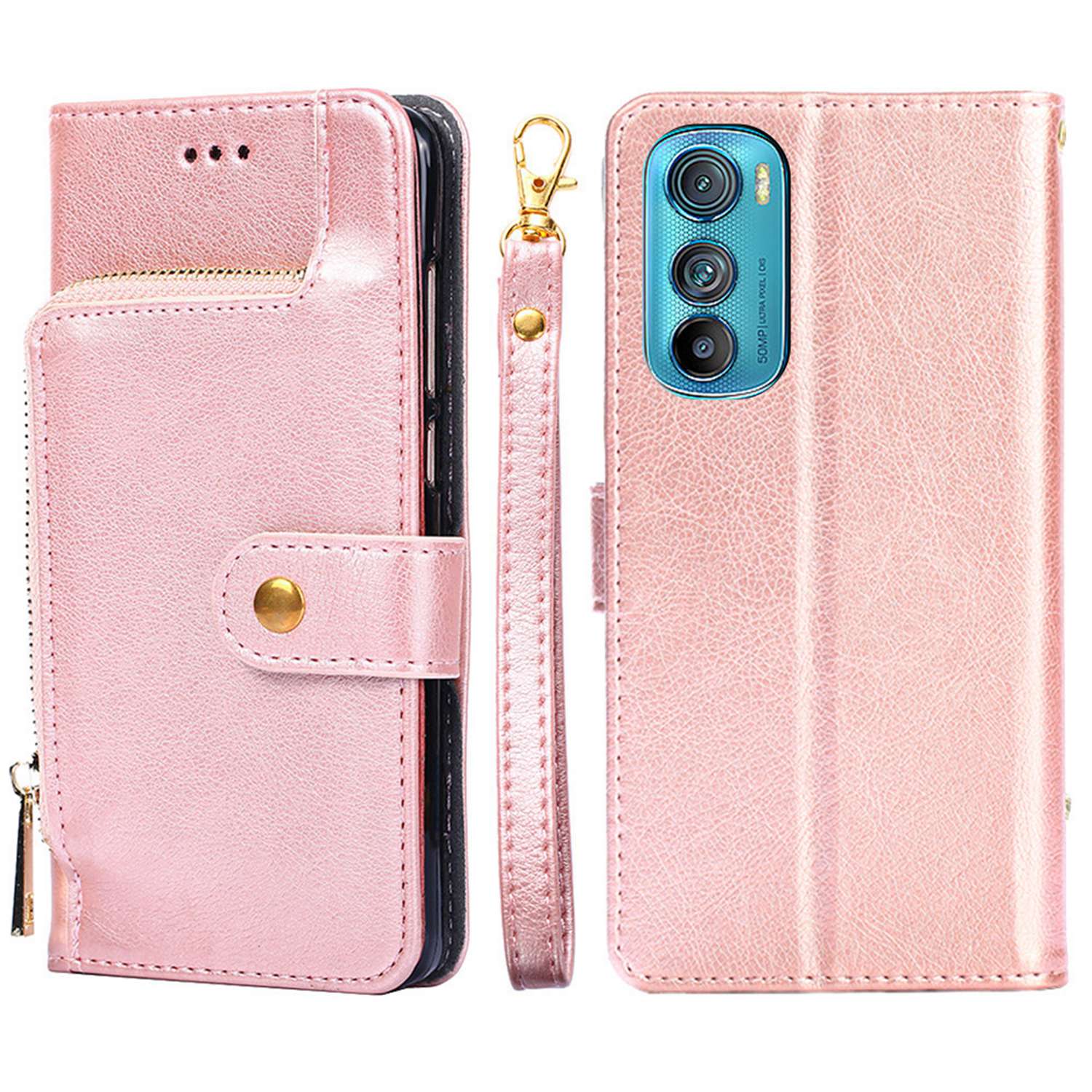 For Motorola Edge 30 Zipper Pocket Phone Case PU Leather Wallet Stand Drop-proof Cover with Strap