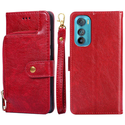 For Motorola Edge 30 Zipper Pocket Phone Case PU Leather Wallet Stand Drop-proof Cover with Strap