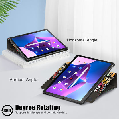 For Lenovo Tab M10 Plus (Gen 3) 10.6 inch Anti-scratch Anti-fall Pen Slot Design Pattern Printing Rotary Stand Design PU Leather Tablet Case Shell with Auto Wake/Sleep