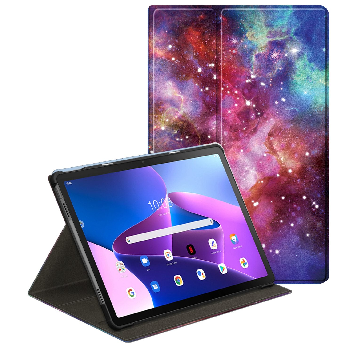 For Lenovo Tab M10 Plus (Gen 3) 10.6 inch Anti-scratch Anti-fall Pen Slot Design Pattern Printing Rotary Stand Design PU Leather Tablet Case Shell with Auto Wake/Sleep