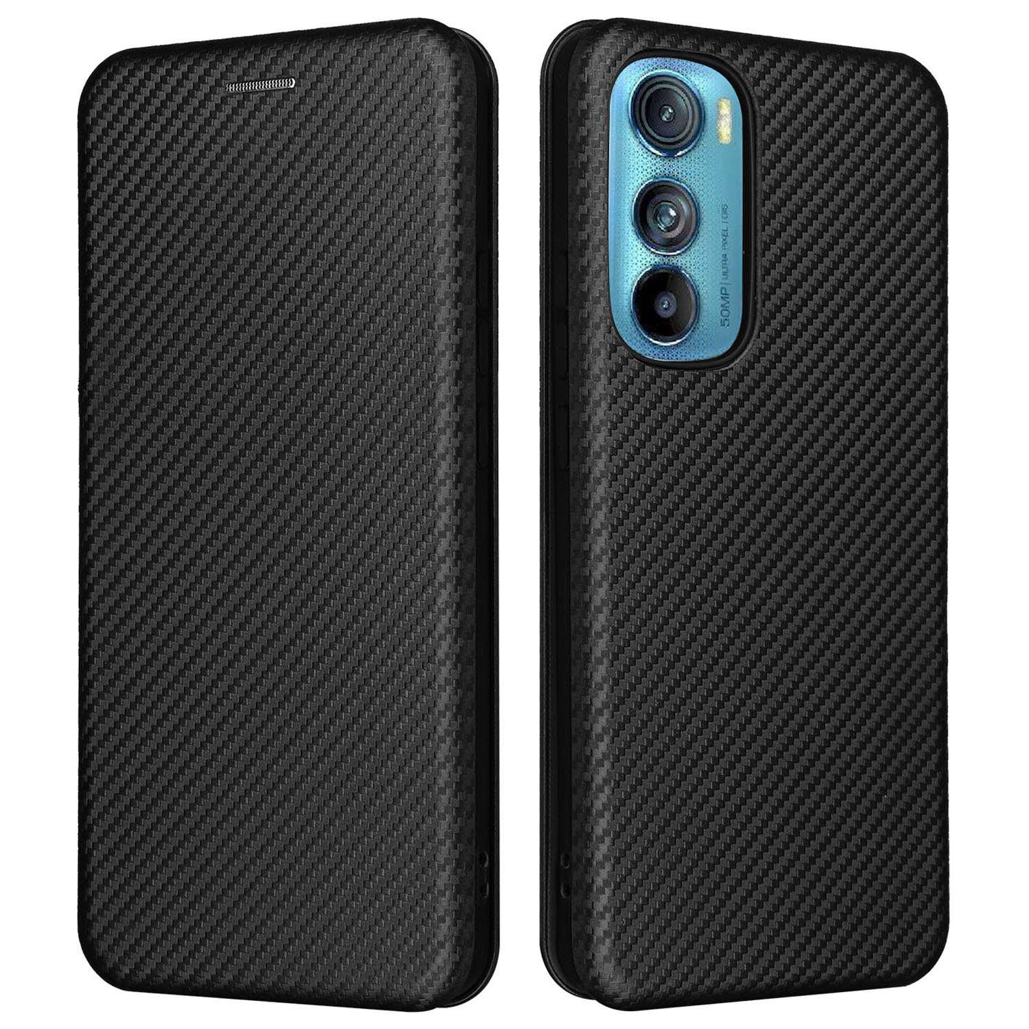 For Motorola Edge 30 Carbon Fiber Texture Card Holder Slot Case PU Leather Magnetic Auto Closing Stand Flip Cover with Ring Strap