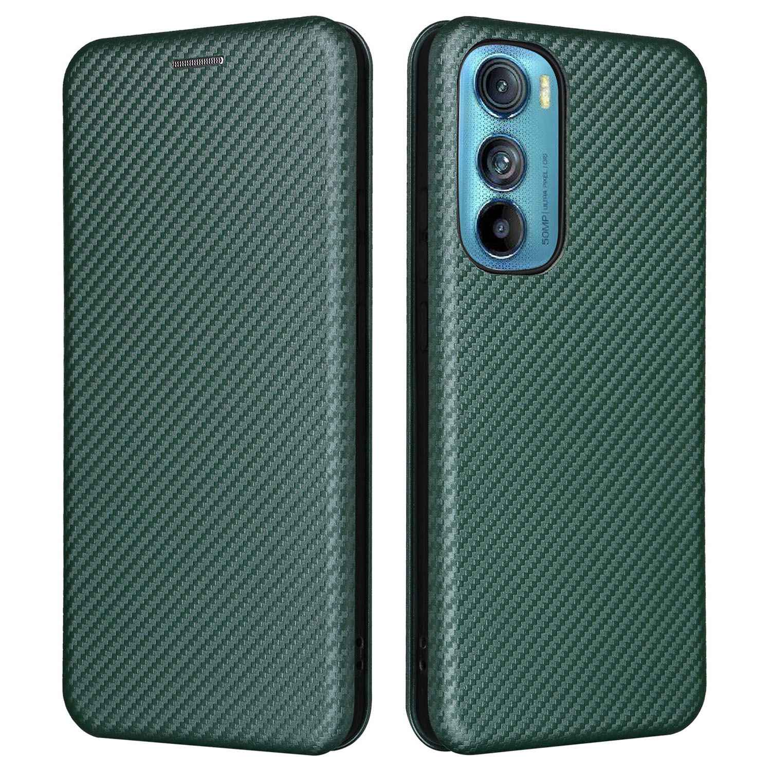 For Motorola Edge 30 Carbon Fiber Texture Card Holder Slot Case PU Leather Magnetic Auto Closing Stand Flip Cover with Ring Strap