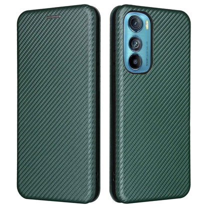 For Motorola Edge 30 Carbon Fiber Texture Card Holder Slot Case PU Leather Magnetic Auto Closing Stand Flip Cover with Ring Strap