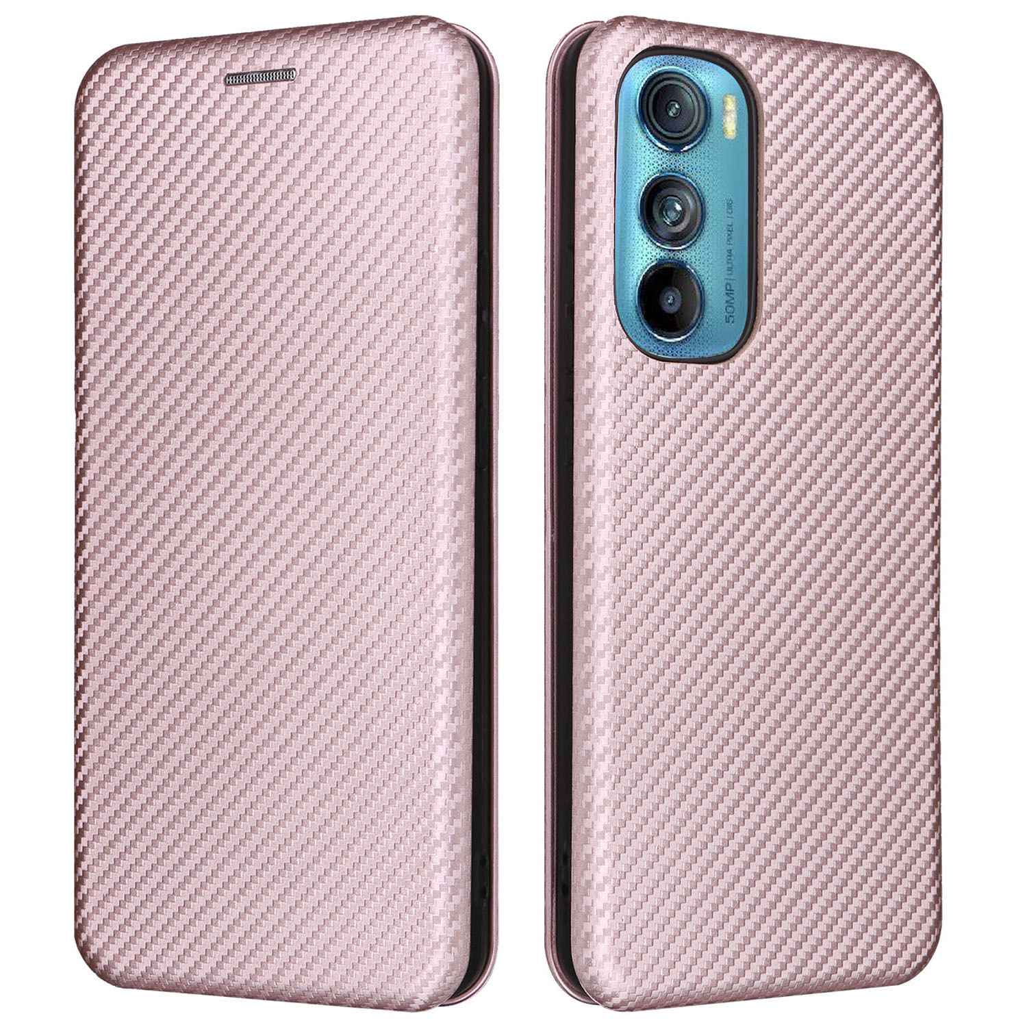 For Motorola Edge 30 Carbon Fiber Texture Card Holder Slot Case PU Leather Magnetic Auto Closing Stand Flip Cover with Ring Strap