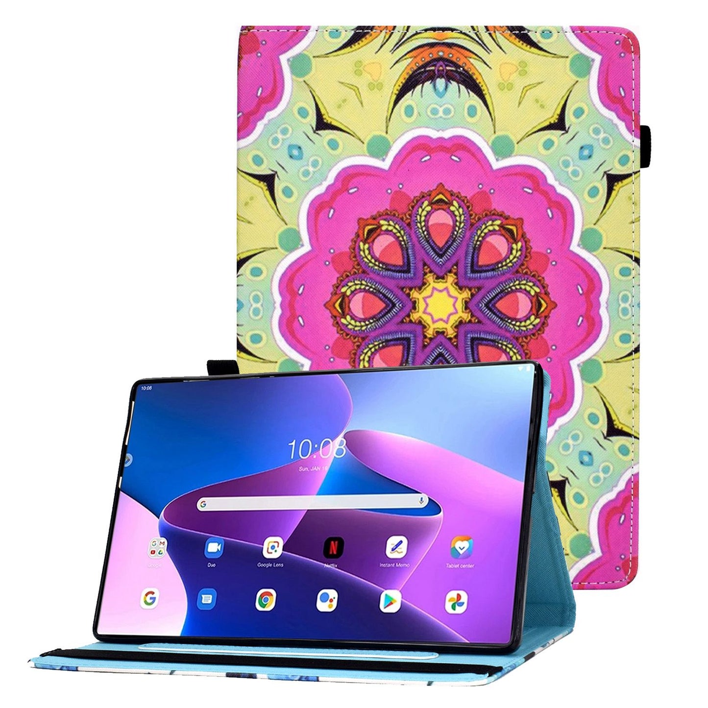 For Lenovo Tab M10 Plus (Gen 3) Pattern Printing Tablet Case PU Leather Card Slots Stand Folio Auto Wake Up/Sleep Cover with Elastic Band and Pencil Holder