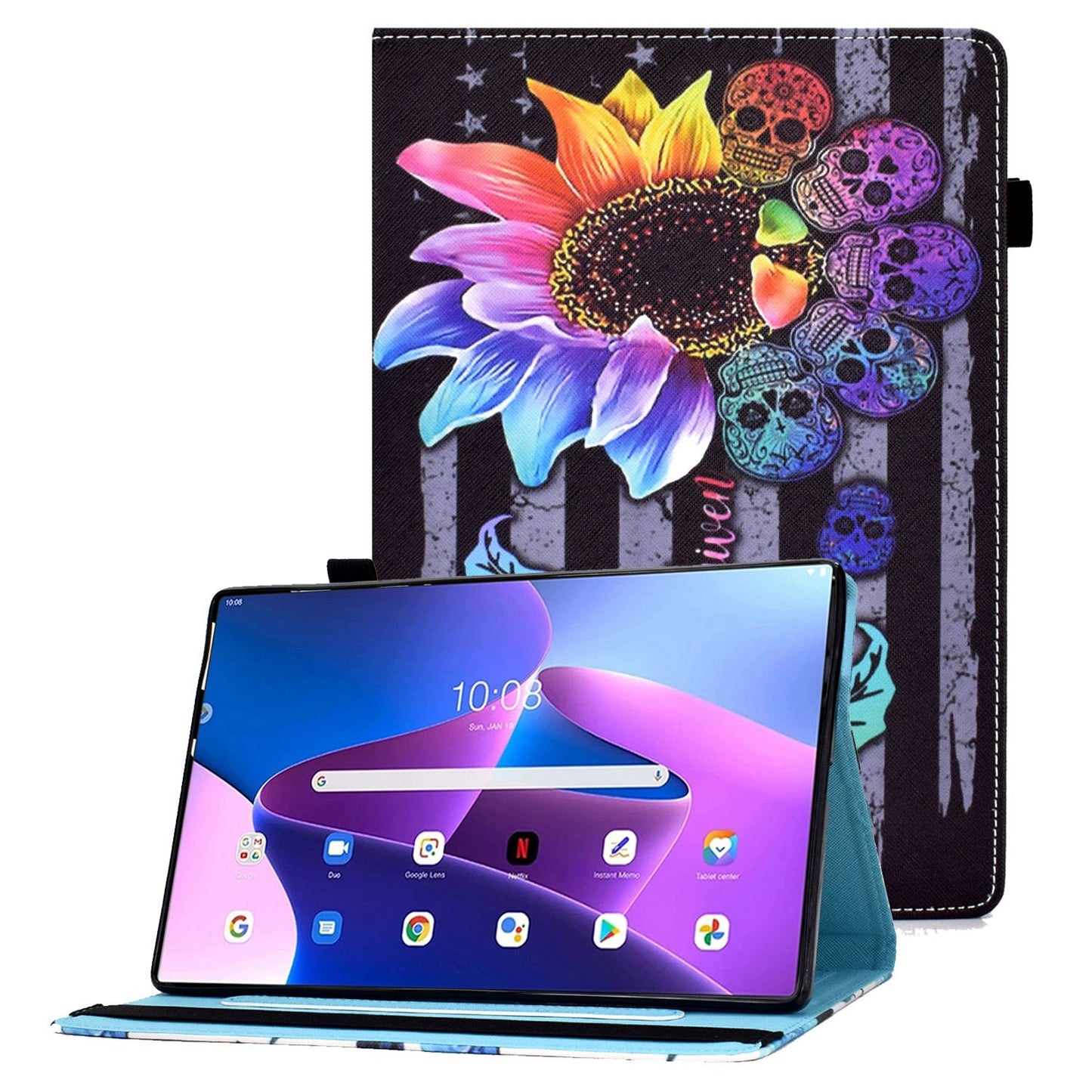 For Lenovo Tab M10 Plus (Gen 3) Pattern Printing Tablet Case PU Leather Card Slots Stand Folio Auto Wake Up/Sleep Cover with Elastic Band and Pencil Holder