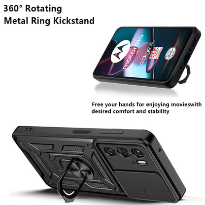 For Motorola Edge 30 Pro Anti-scratch Slide Camera Cover Hard PC + TPU Ring Kickstand Case Anti-drop Phone Shell