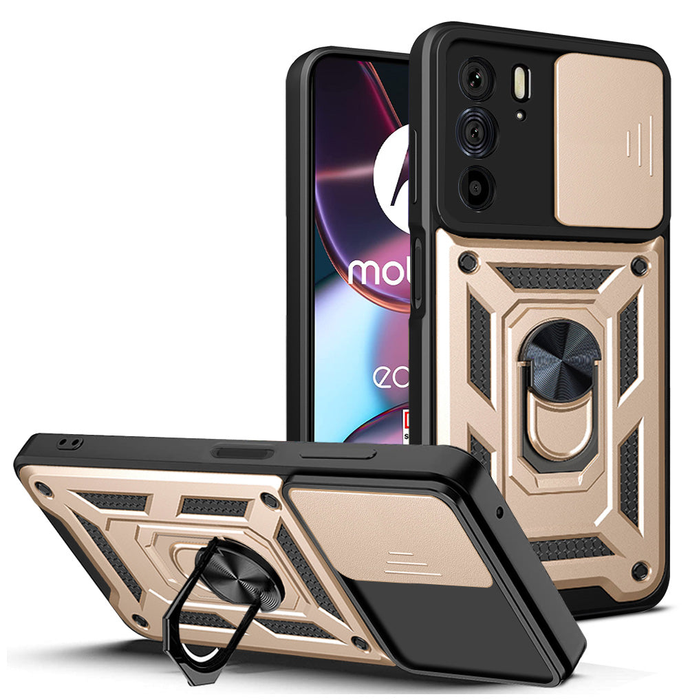 For Motorola Edge 30 Pro Anti-scratch Slide Camera Cover Hard PC + TPU Ring Kickstand Case Anti-drop Phone Shell