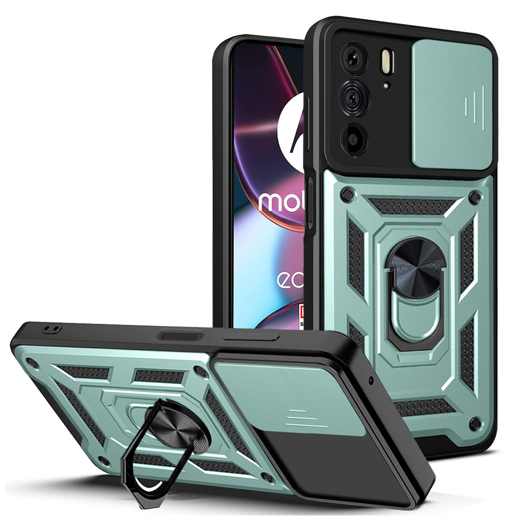 For Motorola Edge 30 Pro Anti-scratch Slide Camera Cover Hard PC + TPU Ring Kickstand Case Anti-drop Phone Shell