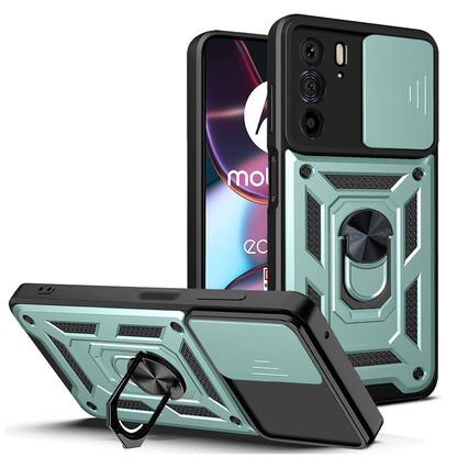 For Motorola Edge 30 Pro Anti-scratch Slide Camera Cover Hard PC + TPU Ring Kickstand Case Anti-drop Phone Shell