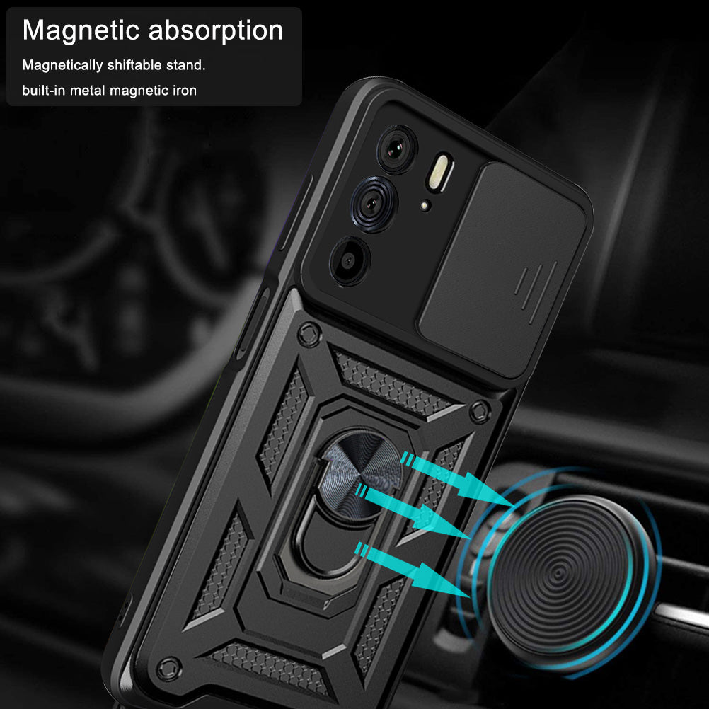 For Motorola Edge 30 Pro Anti-scratch Slide Camera Cover Hard PC + TPU Ring Kickstand Case Anti-drop Phone Shell