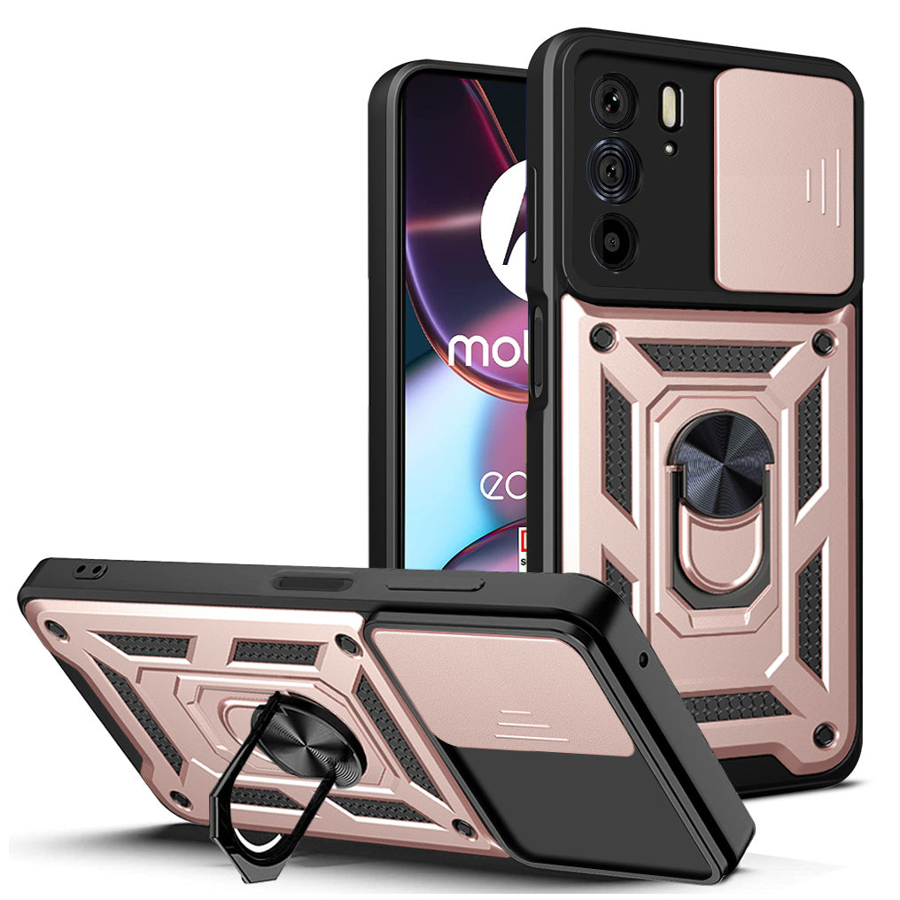 For Motorola Edge 30 Pro Anti-scratch Slide Camera Cover Hard PC + TPU Ring Kickstand Case Anti-drop Phone Shell