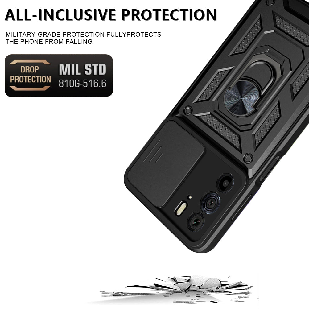 For Motorola Edge 30 Pro Anti-scratch Slide Camera Cover Hard PC + TPU Ring Kickstand Case Anti-drop Phone Shell