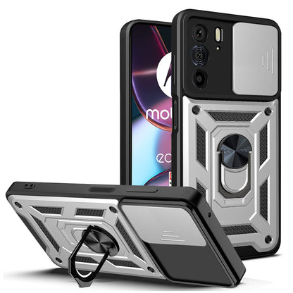 For Motorola Edge 30 Pro Anti-scratch Slide Camera Cover Hard PC + TPU Ring Kickstand Case Anti-drop Phone Shell