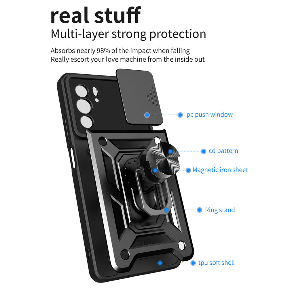 For Motorola Edge 30 Pro Anti-scratch Slide Camera Cover Hard PC + TPU Ring Kickstand Case Anti-drop Phone Shell