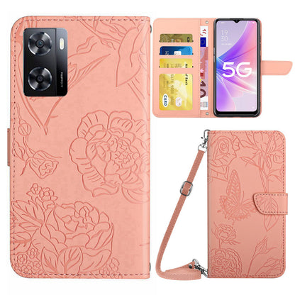 HT03 Skin-touch Phone Case for Oppo A57 (2022) 5G / 4G / A77 5G / 4G / Realme Narzo 50 5G, Butterfly Flowers Imprinting Flip PU Leather Wallet Phone Cover Stand