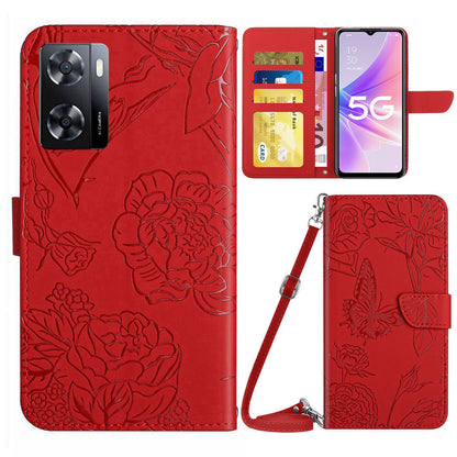 HT03 Skin-touch Phone Case for Oppo A57 (2022) 5G / 4G / A77 5G / 4G / Realme Narzo 50 5G, Butterfly Flowers Imprinting Flip PU Leather Wallet Phone Cover Stand