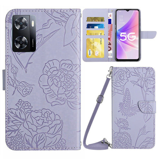 HT03 Skin-touch Phone Case for Oppo A57 (2022) 5G / 4G / A77 5G / 4G / Realme Narzo 50 5G, Butterfly Flowers Imprinting Flip PU Leather Wallet Phone Cover Stand