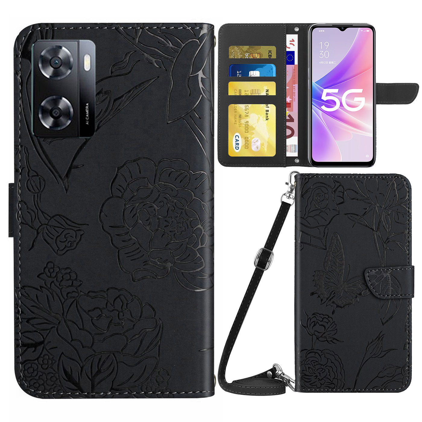 HT03 Skin-touch Phone Case for Oppo A57 (2022) 5G / 4G / A77 5G / 4G / Realme Narzo 50 5G, Butterfly Flowers Imprinting Flip PU Leather Wallet Phone Cover Stand