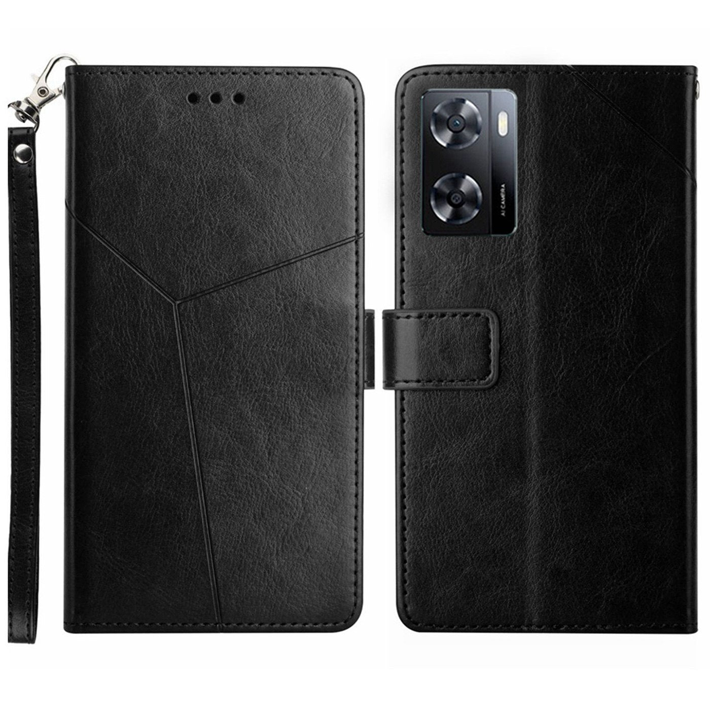 Shockproof Phone Case For Oppo A57 4G / A57 (2022) 5G / A77 5G / 4G / Realme Narzo 50 5G, HT01 Wallet Stand Imprinted Y-Shaped Lines PU Leather Cover with Strap