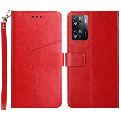 Shockproof Phone Case For Oppo A57 4G / A57 (2022) 5G / A77 5G / 4G / Realme Narzo 50 5G, HT01 Wallet Stand Imprinted Y-Shaped Lines PU Leather Cover with Strap