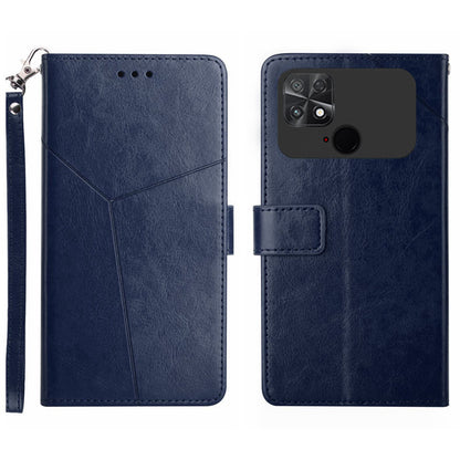 For Xiaomi Poco C40 4G HT01 Wallet Stand Feature Imprinted Y-Shaped Lines Phone Case PU Leather Anti-fall Shell with Strap