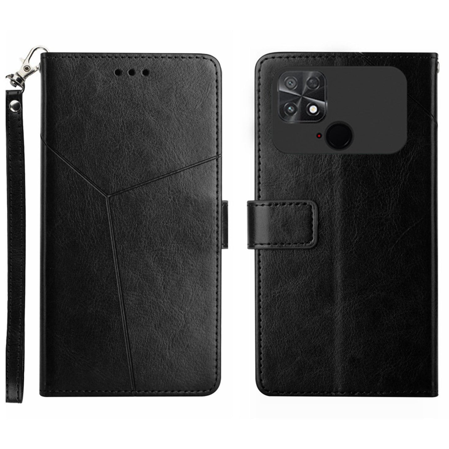 For Xiaomi Poco C40 4G HT01 Wallet Stand Feature Imprinted Y-Shaped Lines Phone Case PU Leather Anti-fall Shell with Strap