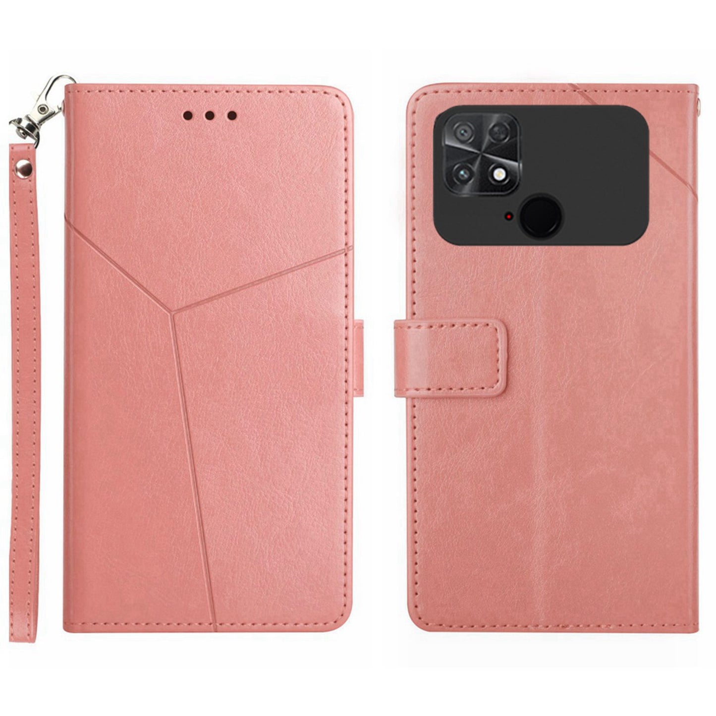 For Xiaomi Poco C40 4G HT01 Wallet Stand Feature Imprinted Y-Shaped Lines Phone Case PU Leather Anti-fall Shell with Strap