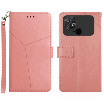 For Xiaomi Poco C40 4G HT01 Wallet Stand Feature Imprinted Y-Shaped Lines Phone Case PU Leather Anti-fall Shell with Strap