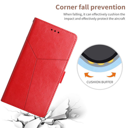 For Xiaomi Poco C40 4G HT01 Wallet Stand Feature Imprinted Y-Shaped Lines Phone Case PU Leather Anti-fall Shell with Strap