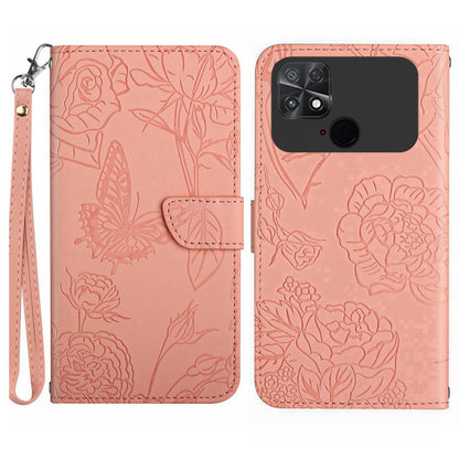 For Xiaomi Poco C40 4G Butterfly Flowers Imprinting Phone Case Anti-shock Skin Touch PU Leather Stand Wallet Shell with Strap