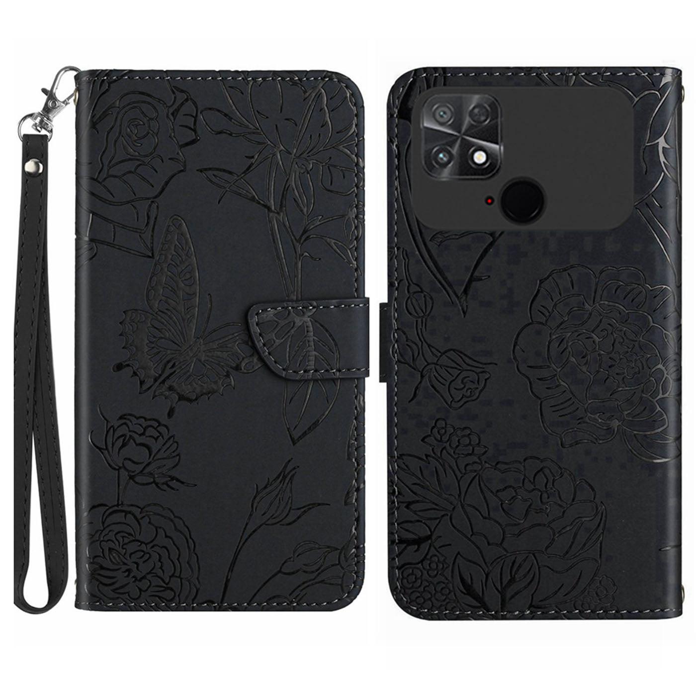 For Xiaomi Poco C40 4G Butterfly Flowers Imprinting Phone Case Anti-shock Skin Touch PU Leather Stand Wallet Shell with Strap